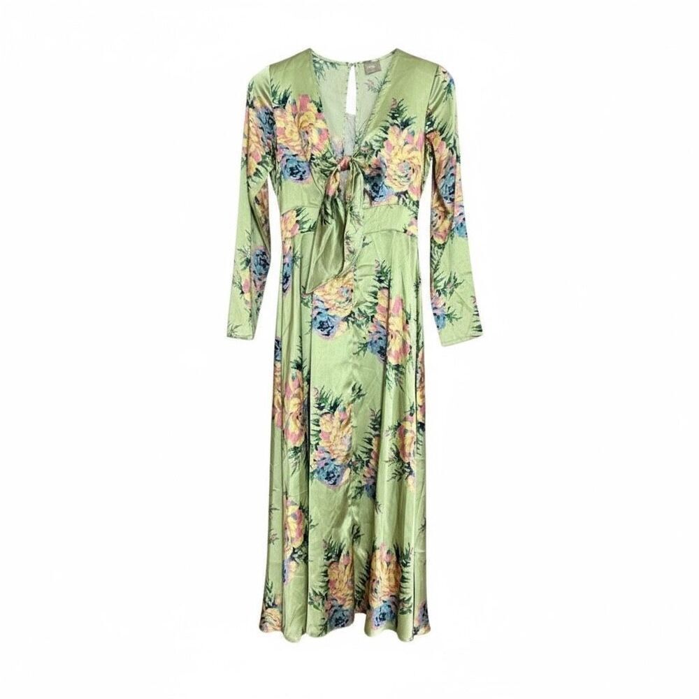 ASOS Design Long Sleeve Floral Print Tie Front Midi Satin Dress Green Size 4